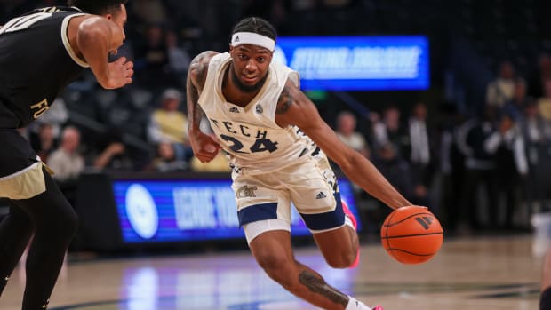 Feb 6, 2024; Atlanta, Georgia, USA; Georgia Tech Yellow Jackets guard Amaree Abram (24) drives to the basket against the Wake Forest Demon Deacons in the second half at McCamish Pavilion. Mandatory Credit: Brett Davis-USA TODAY Sports